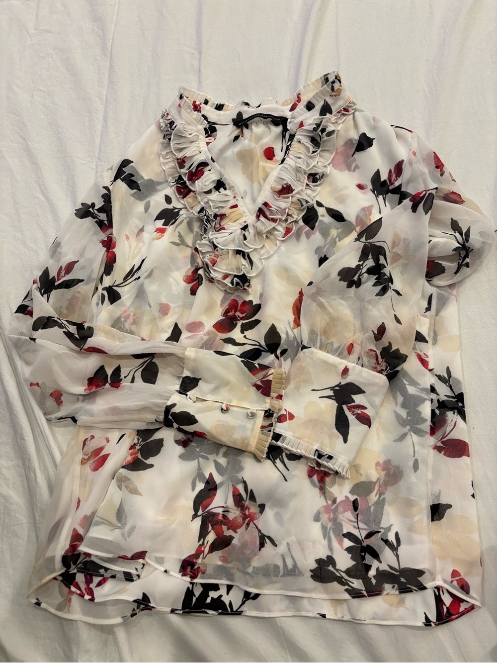 White House Black Market Red, Black & Ecru Floral Ruffle Front Blouse